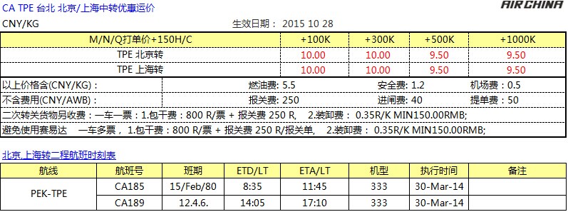 CA國航臺(tái)北空運(yùn)專線，臺(tái)北空運(yùn)價(jià)格查詢，深圳大智通